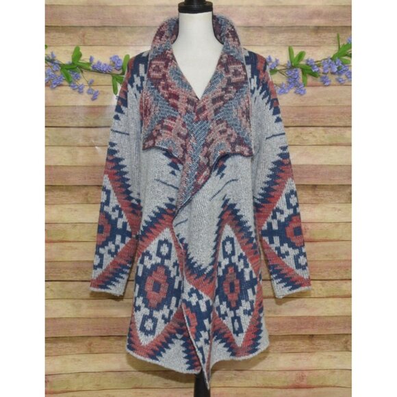 RD Style Ladies Gray Open Front Cardigan Sweater Size L Southwest Aztec Warm - Picture 5 of 13